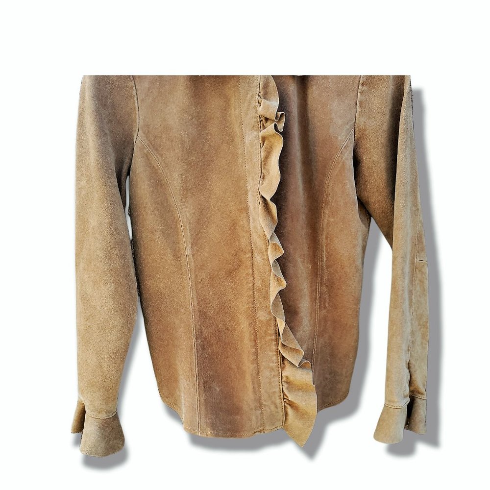 Margaret Godfrey Leather Suede Jacket  Size 4P Beige Leather Ruffle Snap Up Coat - Picture 2 of 7